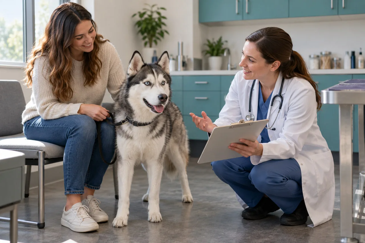 Veterinarian crouching beside a gray-and-white dog while speaking with its owner in a clinic
